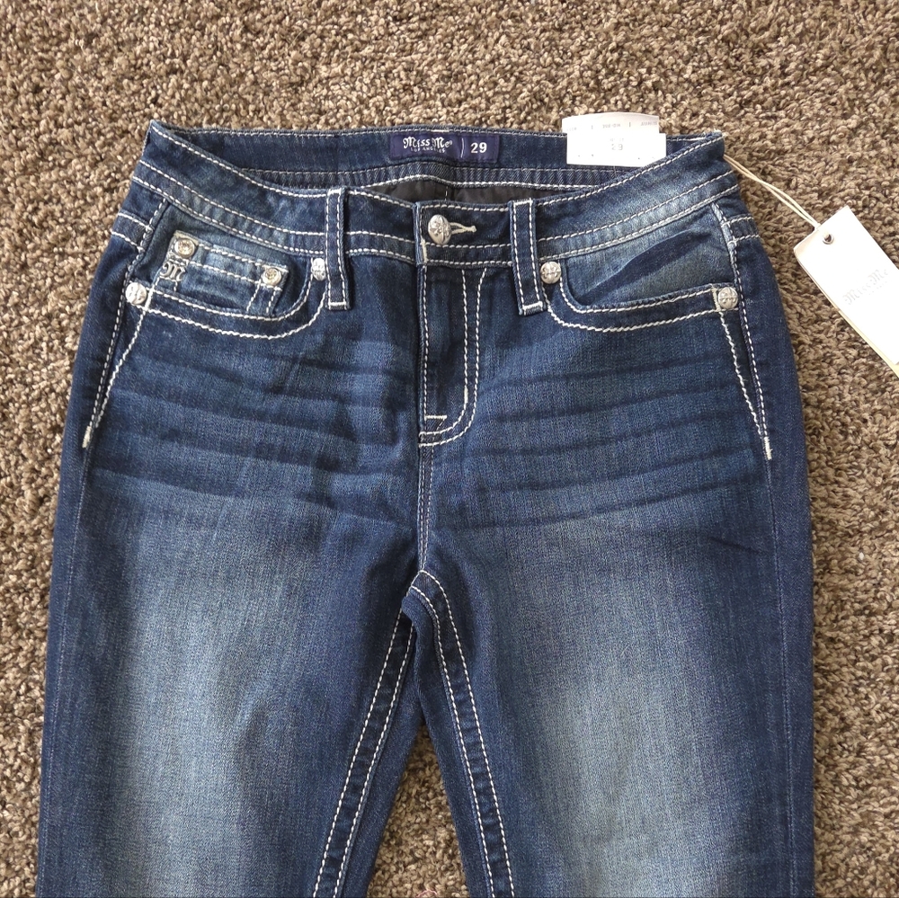 Miss Me Dark Blue Boot Cut Jeans with White Contrast Stitching